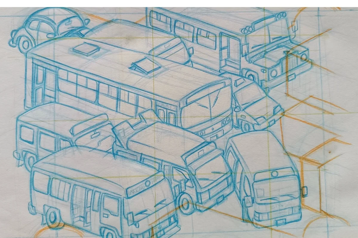 Boceto ilustrado de buses como punto de partida para un patrón
