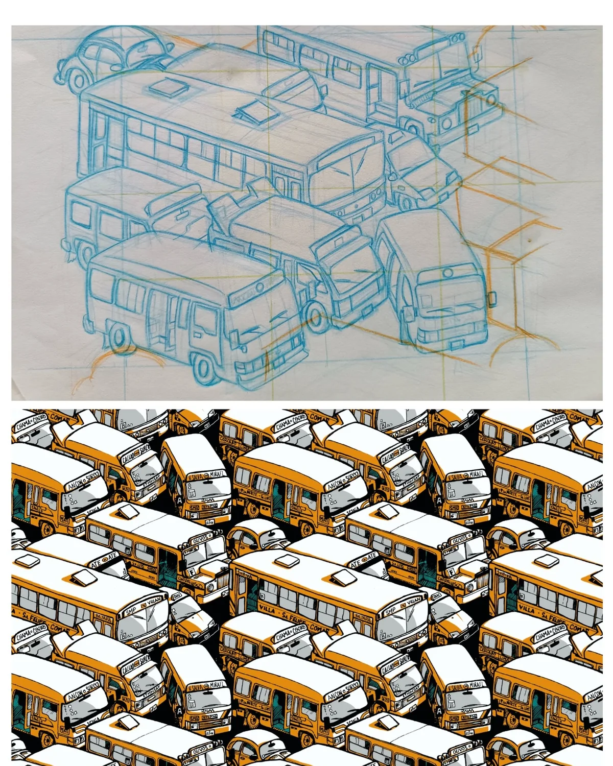Proceso creativo desde el boceto de buses hasta un patrón repetitivo ilustrado por Raúl Villanueva