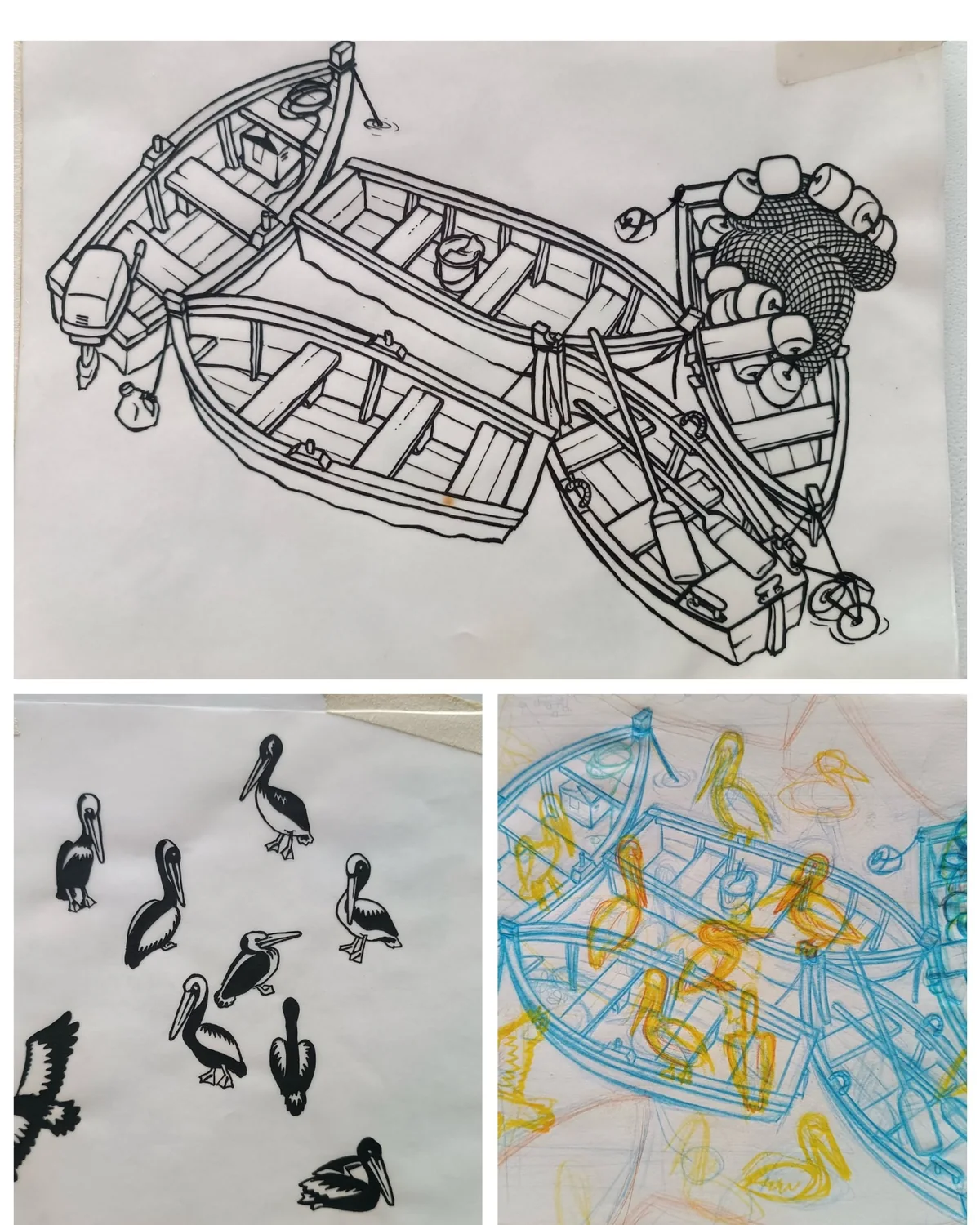 Proceso de ilustración de embarcaciones y pelícanos para diseño de patrones